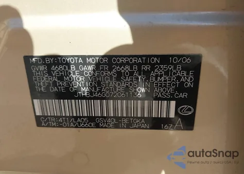 2007 Lexus Es 350 from USA, damaged, VIN JTHBJ46G072061136